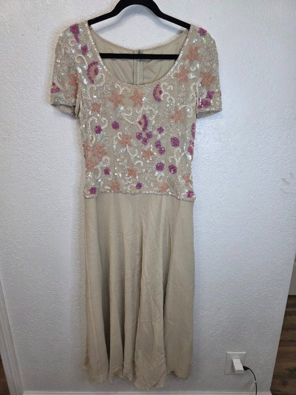 Vintage Beaded Beige Dress Floral Embellished Swing Midi No Tags